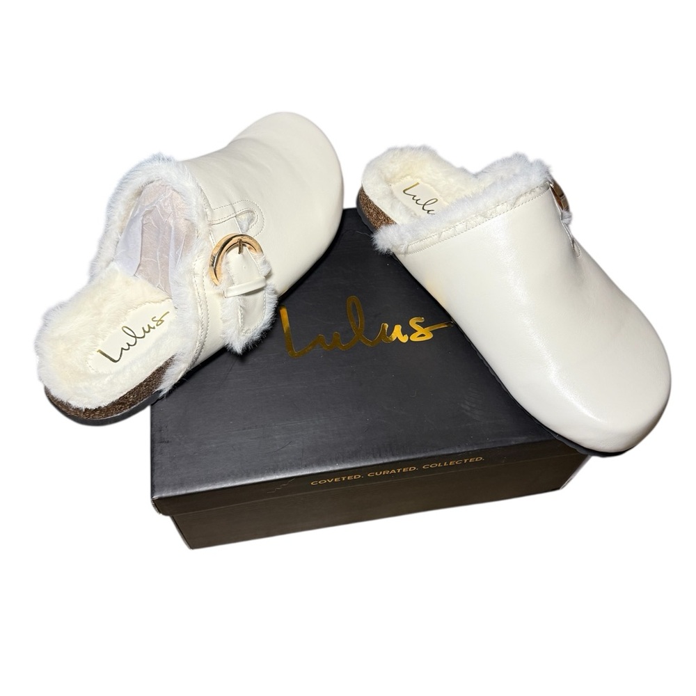 Lulus Carrina Bone Faux Fur Buckle Mule Slides White - Size 10 - Picture 6 of 11